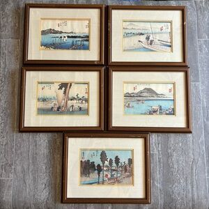 Vtg Framed Utagawa Hiroshige Japanese Woodblock Print Set Of 5